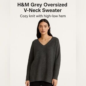 H&M Grey Oversized V-Neck Sweater - Cozy Knit with High-Low Hem size S